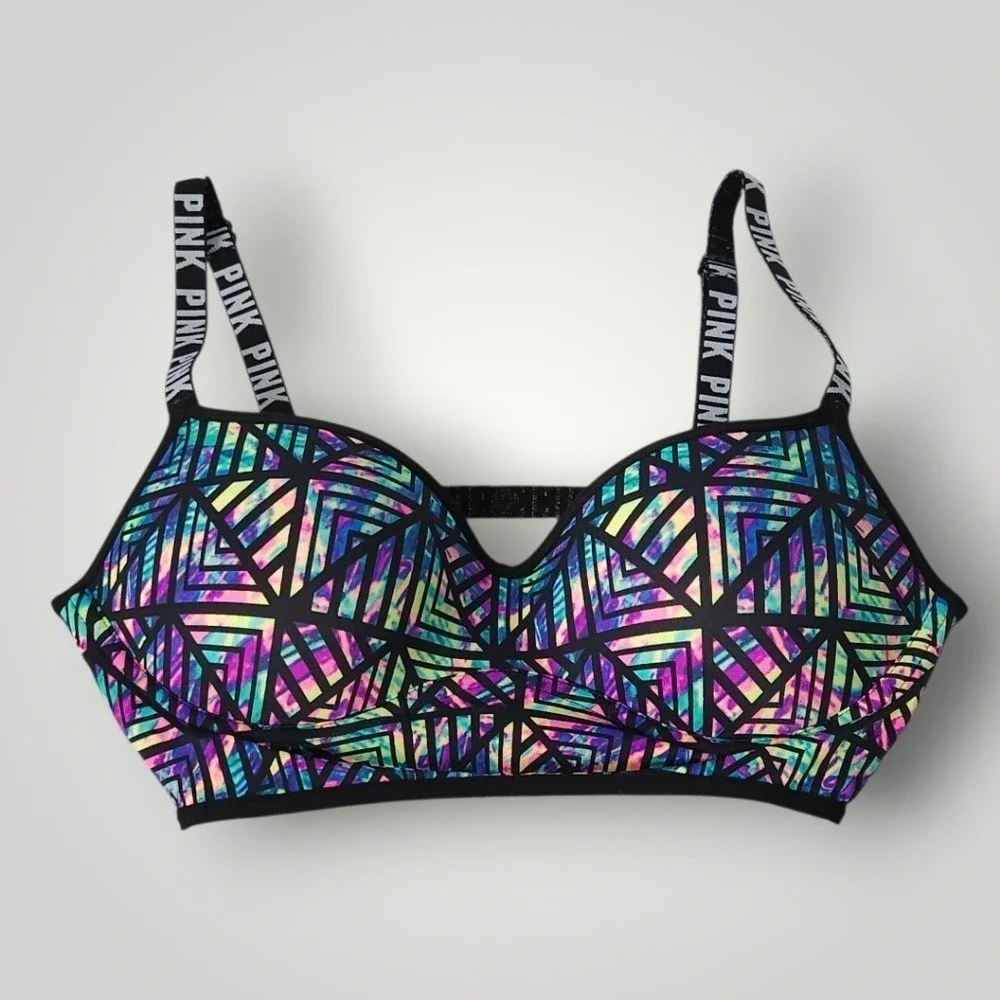 PINK Victoria's Secret Bralette Small Holographic Geometric Print Y2K Retro
